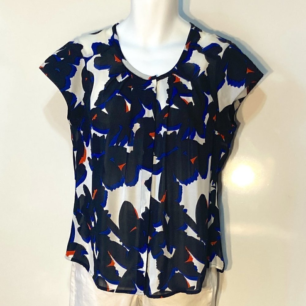 Worthington SZ L Black & White print cap sleeve button front top